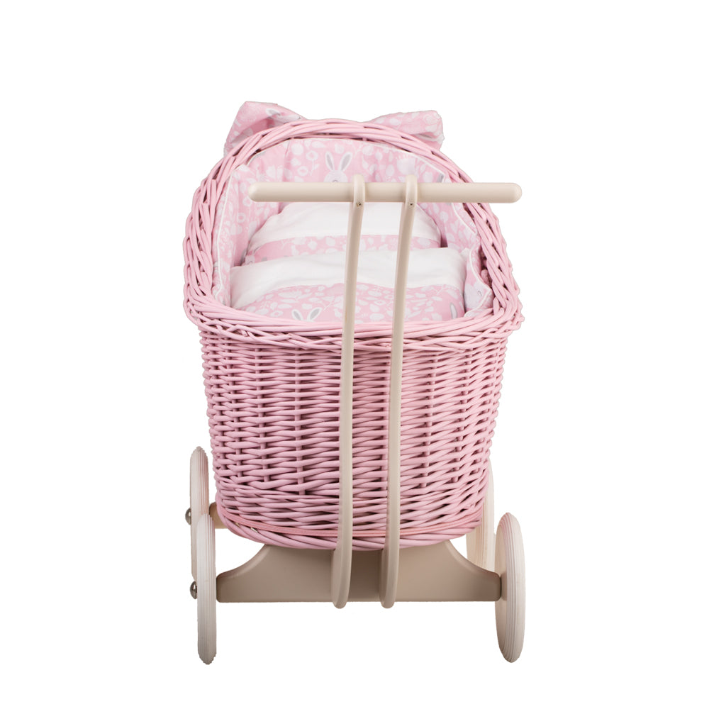 Luna carrozzina in vimini per bambole con rifinitura rosa, copertina e cuscino