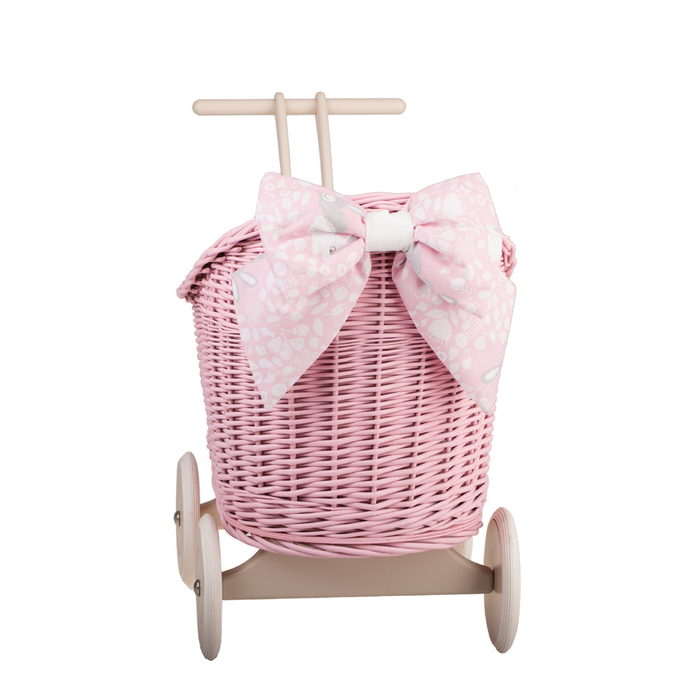Luna carrozzina in vimini per bambole con rifinitura rosa, copertina e cuscino