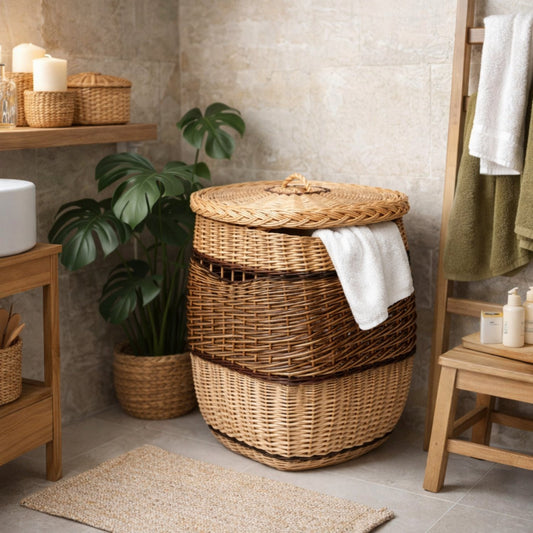 punottu pyykkikori kannella, käsin punottu