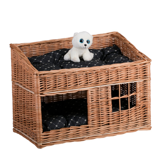 Estrella wicker cat house with two waterproof cushions, terrace and small window TheWickerStories