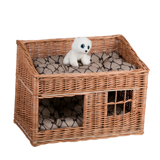 casinha de gato em vime com duas almofadas impermeáveis, com janela e terraço