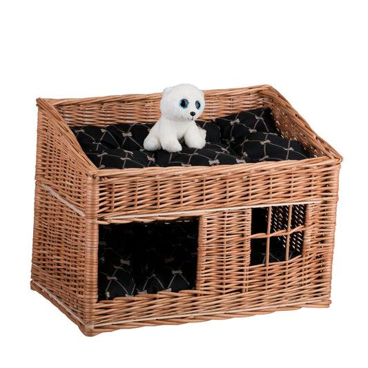 casa de vime para gatos de dois pisos com duas almofadas impermeáveis e uma janelinha