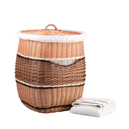wicker laundry basket with white trim, lid and handle