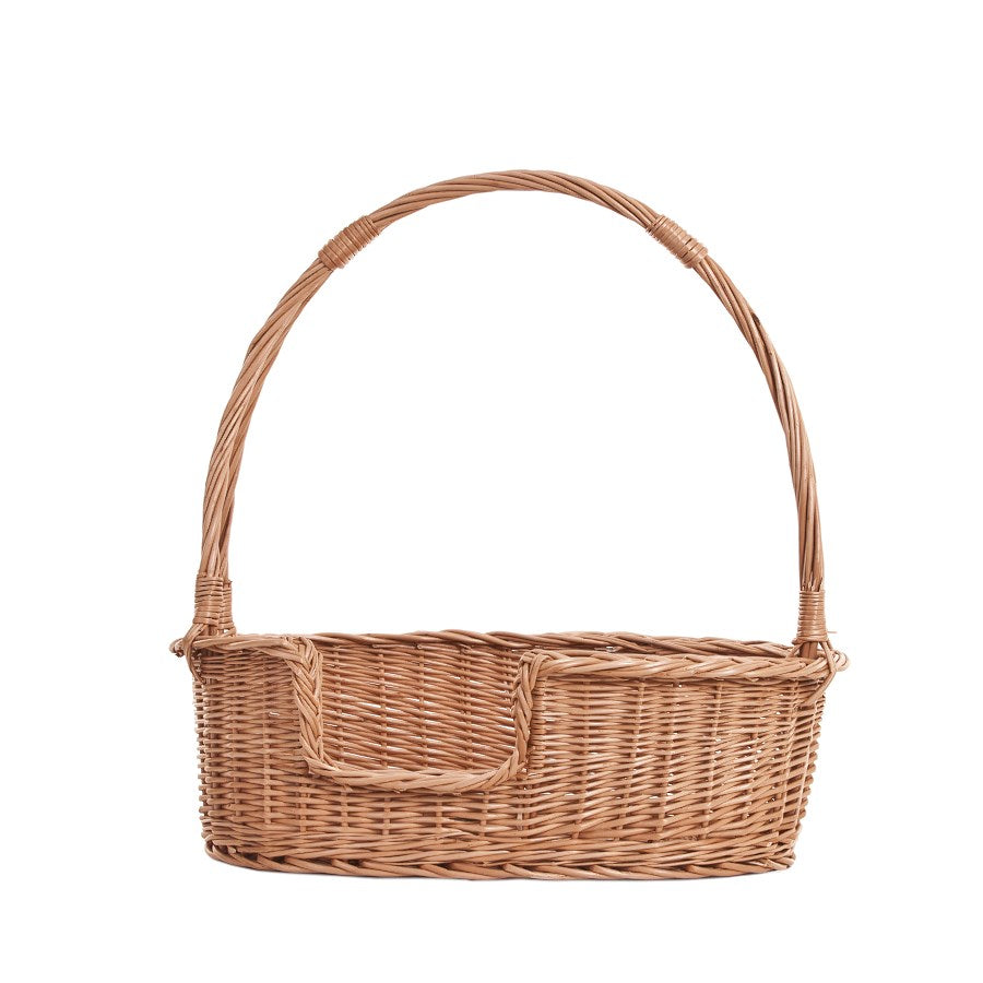 Esmira wicker basket bed for dog and cat with handle and gray cushion TheWickerStories