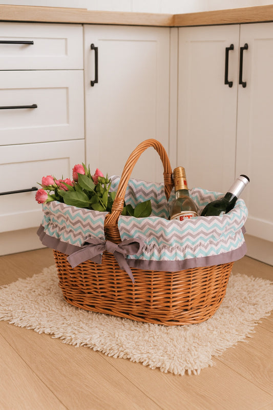 Walerissa shopping basket with wicker handle and grey lining TheWickerStories