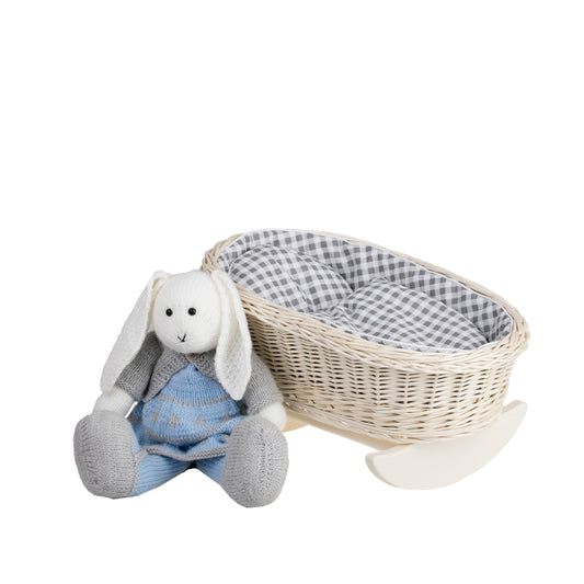 Mimi wicker cradle for dolls with gray lining, pillow and duvet TheWickerStories