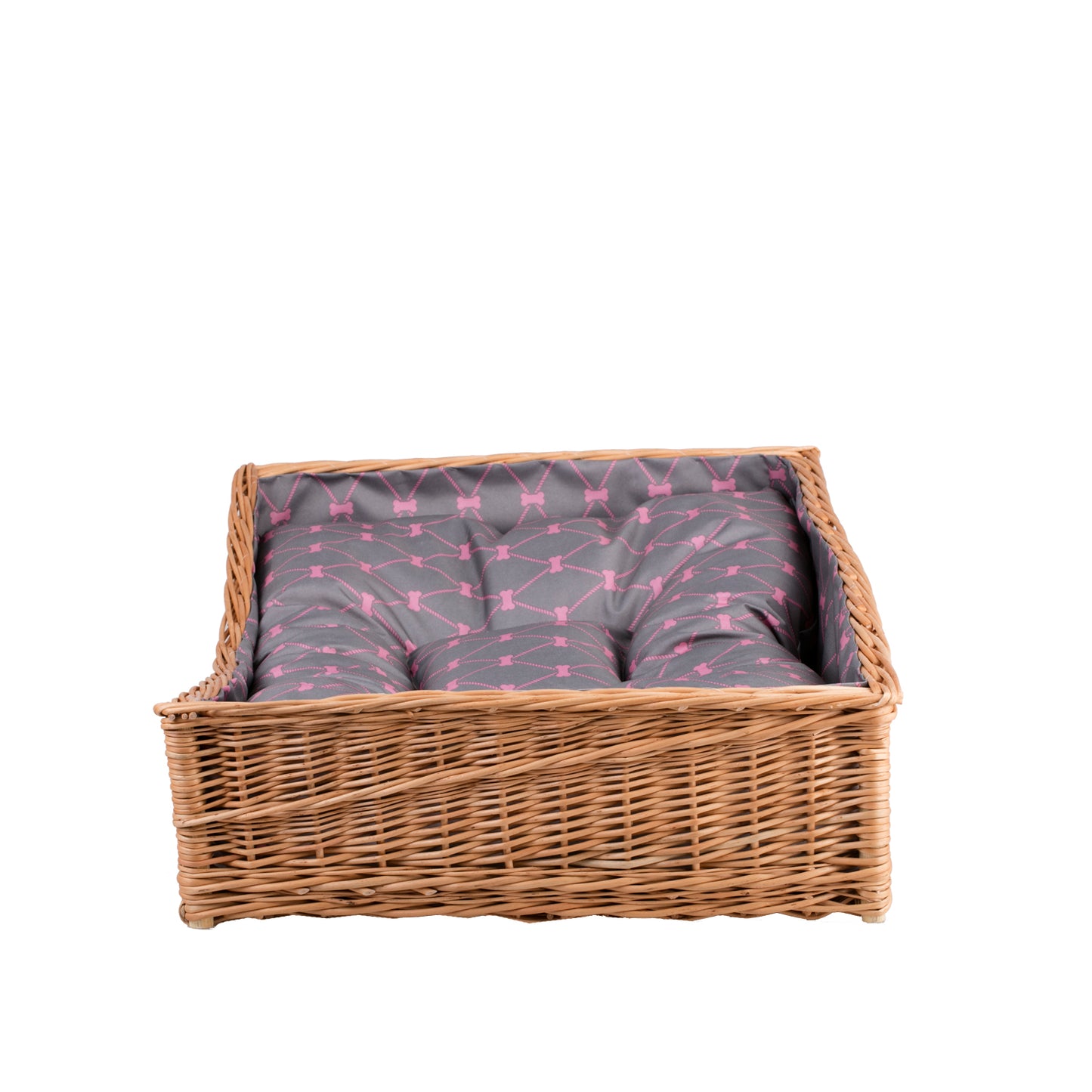 Eris wicker pet bed for dogs and cats with gray cushion and low entrance TheWickerStories