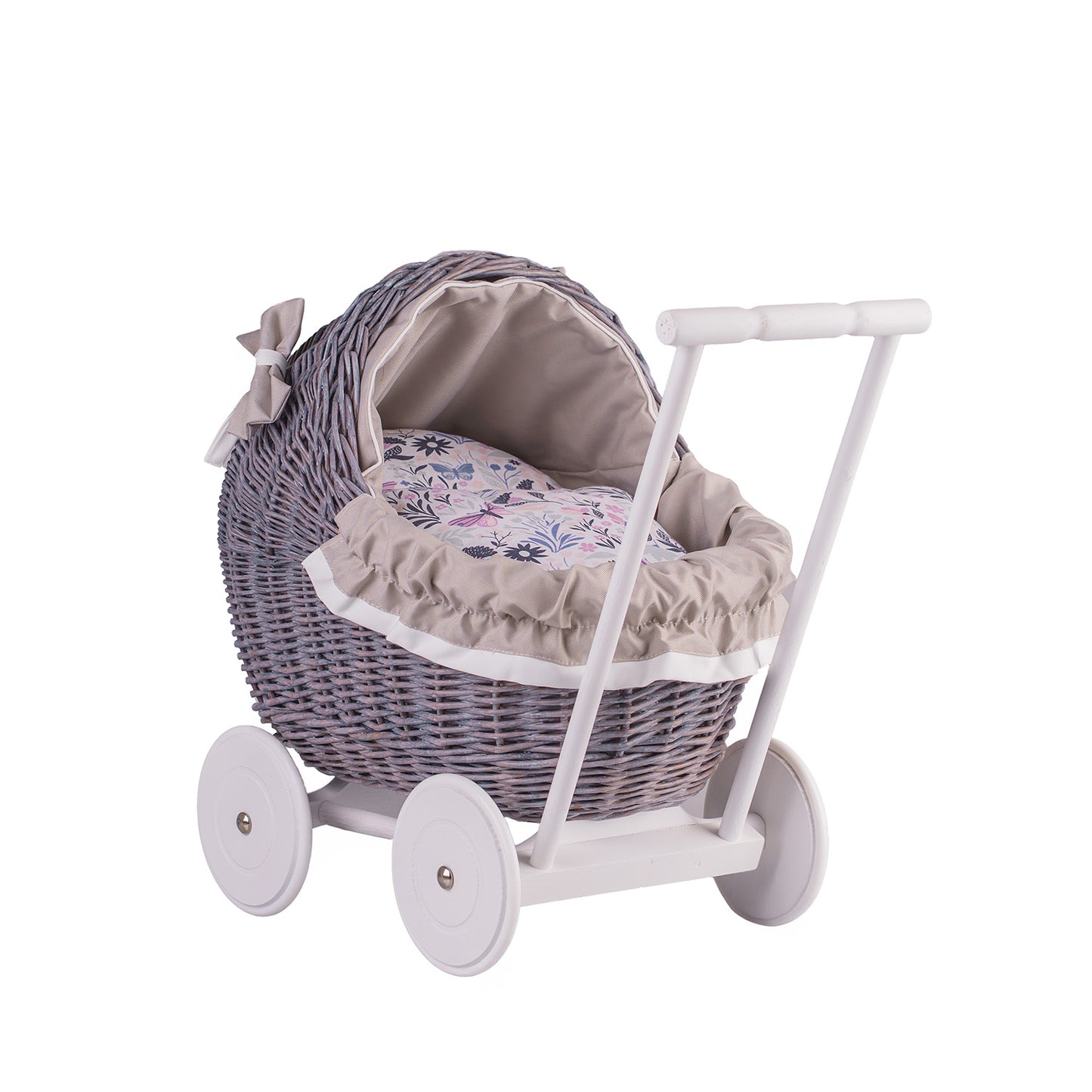 Lili wicker doll stroller with beige trim, blanket, and pillow