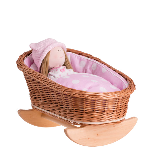 Mimi culla in vimini per bambole con fodera rosa, cuscino e piumone TheWickerStories