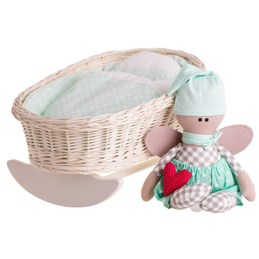 Mimi cuna de mimbre para muñecas con forro menta, almohada y edredón