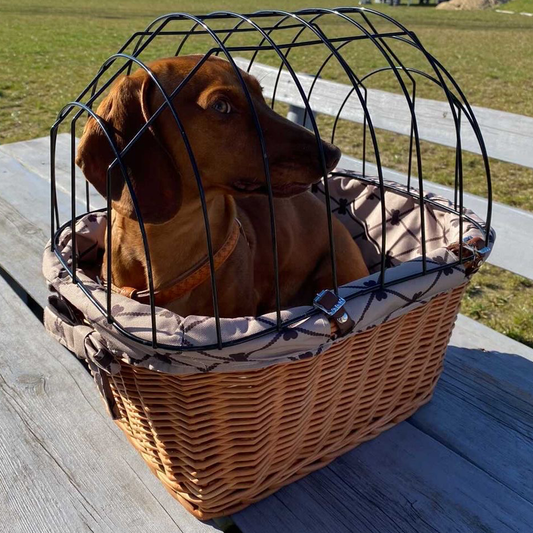 wicker pet bicycle basket with beige trim, lid and leather straps