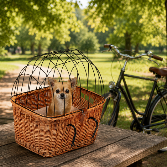 wicker bicycle basket for pets with lid and metal grate and leather straps