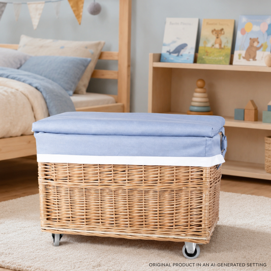 Cervus large portable rectangular wicker storage basket with lid and trim TheWickerStories