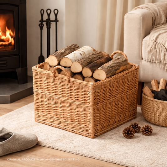 wicker firewood basket with handles