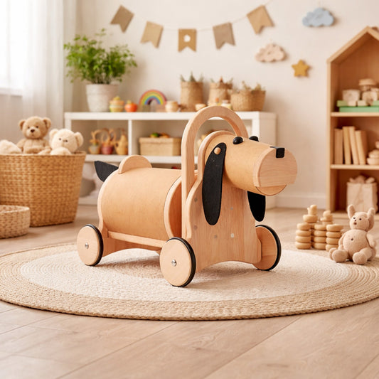 drewniany piesek na kółkach z rączką – jeździk dla dzieci