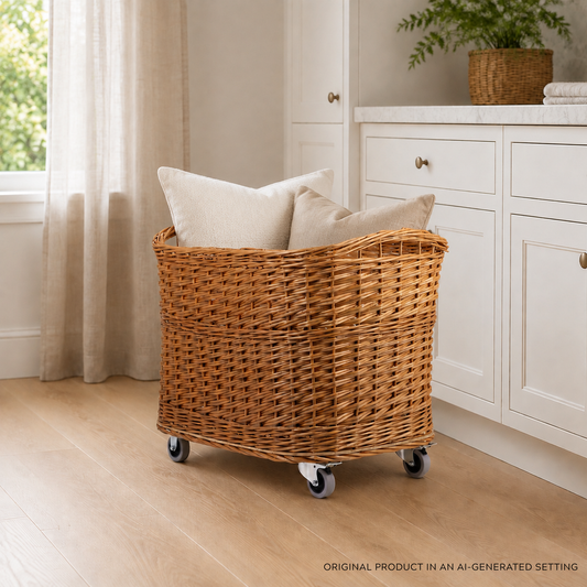 Tivor large, rectangular, mobile storage basket, wicker display basket TheWickerStories