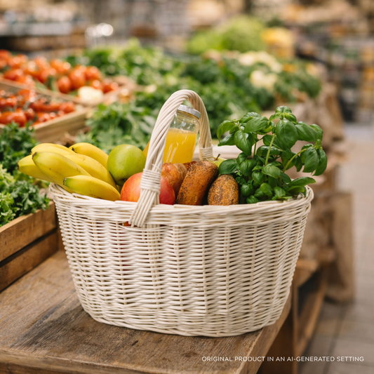 cesta de compras com alça de vime