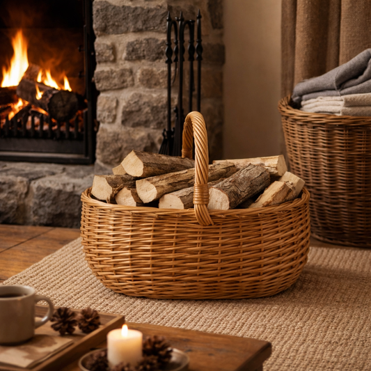 rieten mand voor haardhout bij de open haard
