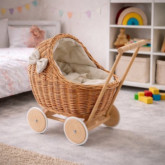 Desayer wicker doll stroller with beige trim, handle, pillow, and blanket TheWickerStories