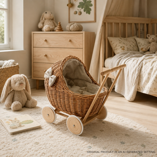 rieten poppenwagen met beige bekleding, handvat, kussentje en dekentje