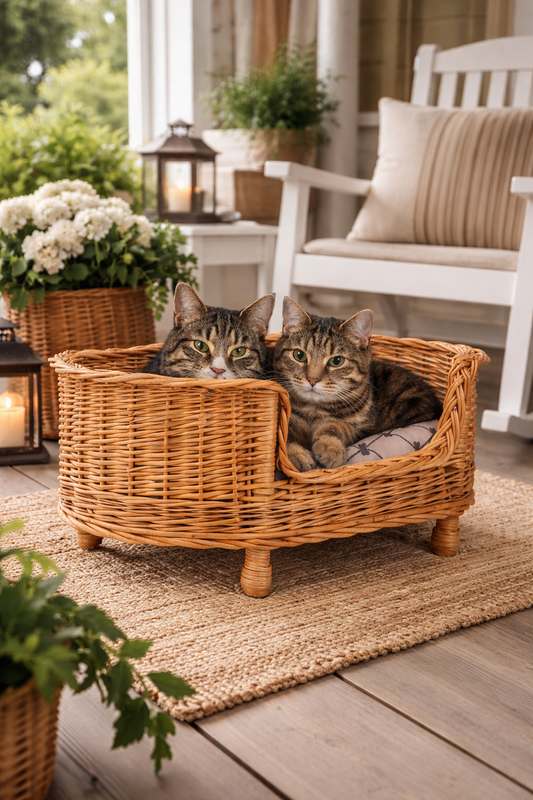 Wiklinowy kosz dla zwierząt z beżową poduszką
