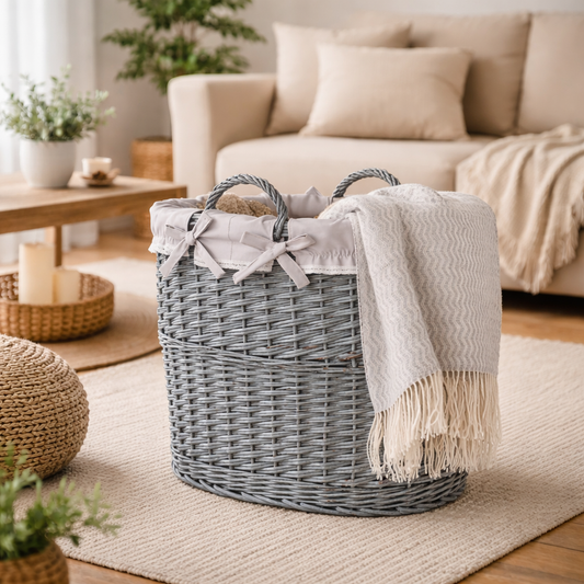 wicker decorative storage basket with gray trim