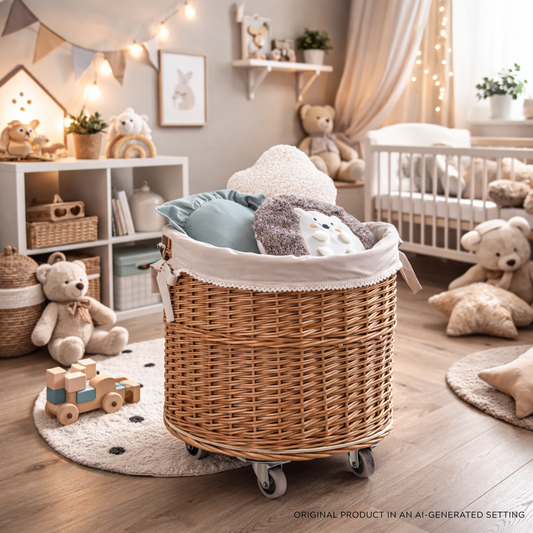 Caros large, round, mobile storage basket — wicker display basket with fabric lining by TheWickerStories