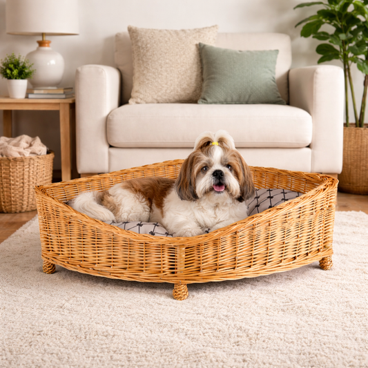 wicker corner pet bed for dogs and cats with cushion and legs
