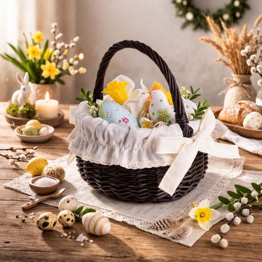 wiklinowy koszyczek wielkanocny na święconkę, z rączką i obszyciem
