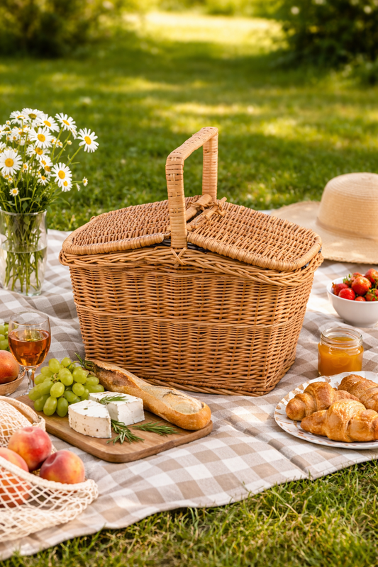 wicker picnic basket with lid