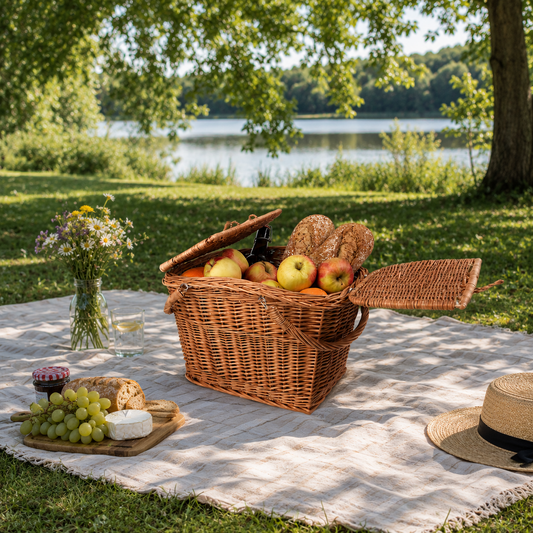 wicker picnic basket with lid and handles