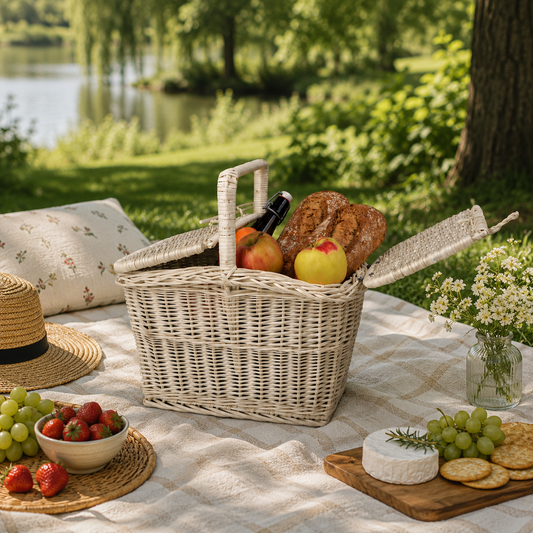 wicker picnic basket with lid and handle