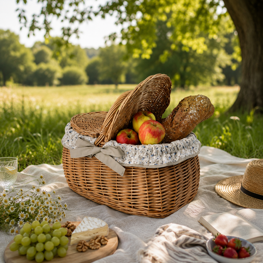wiklinowy koszyk piknikowy z obszyciem, pokrywą i rączką