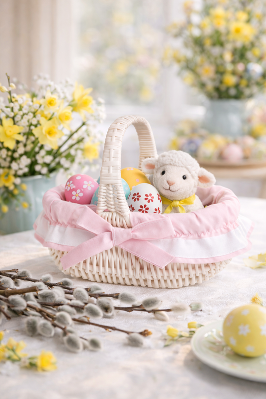 Willesia wicker Easter blessing basket with pink trim and handle TheWickerStories