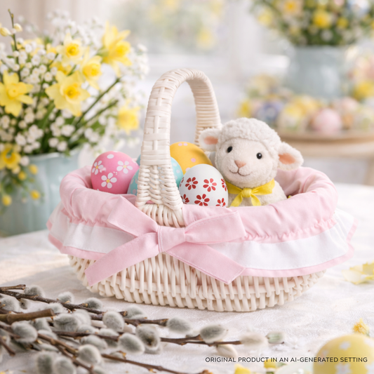 Willesia wicker Easter blessing basket with pink trim and handle TheWickerStories