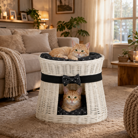 casa de vime para gato de dois andares com almofadas pretas e laço