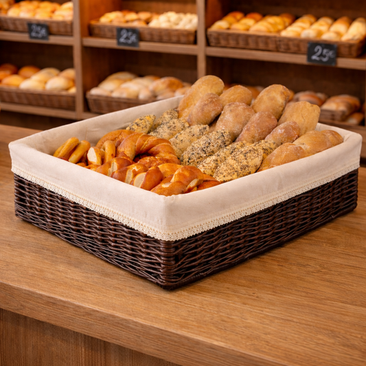 Toneria wicker display basket for bread and fruit with beige trim TheWickerStories