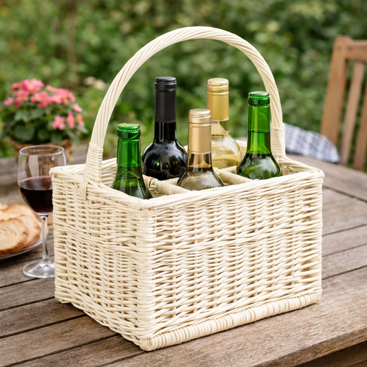 wicker bottle basket with dividers and handle