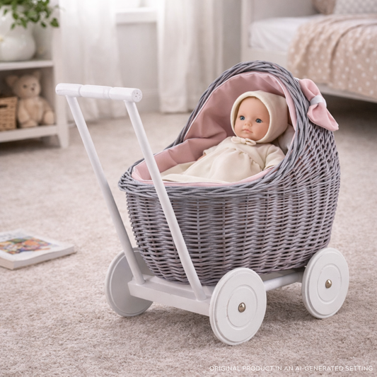 wicker doll stroller with pink trim, blanket, and pillow