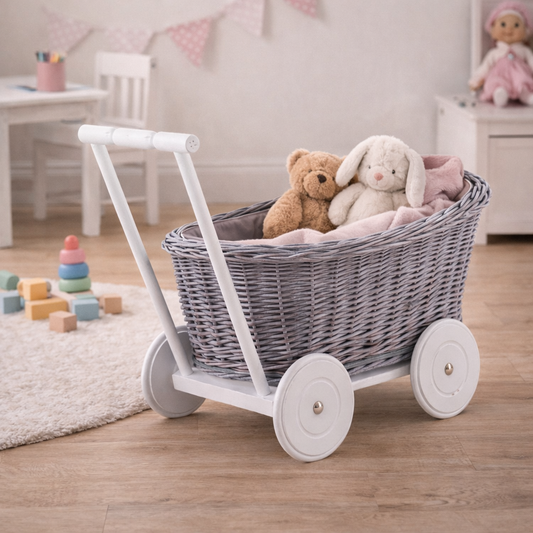 wicker push stroller with gray trim
