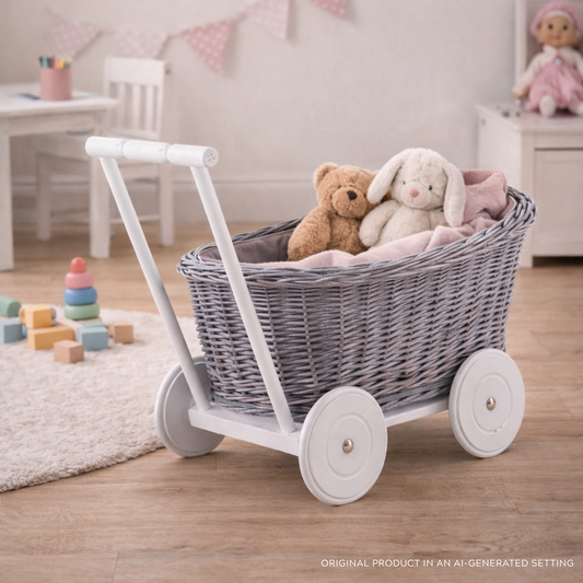 wicker push stroller with gray trim