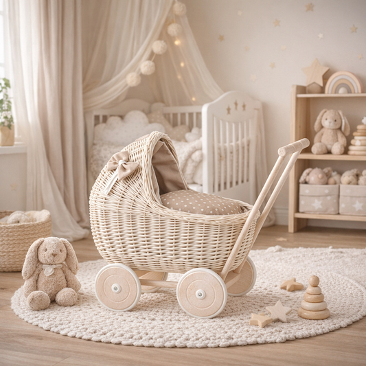 Lili wicker doll stroller with beige trim, blanket, and pillow TheWickerStories