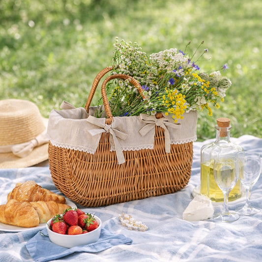 wicker basket–picnic bag with beige trim and handles