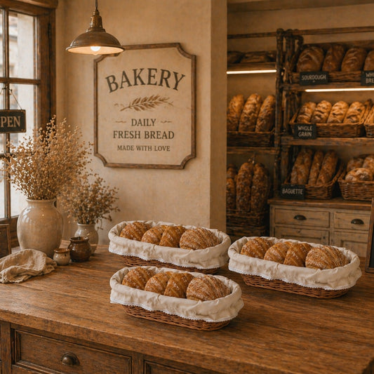 wicker bread display basket with beige trim, set of 3 pcs.