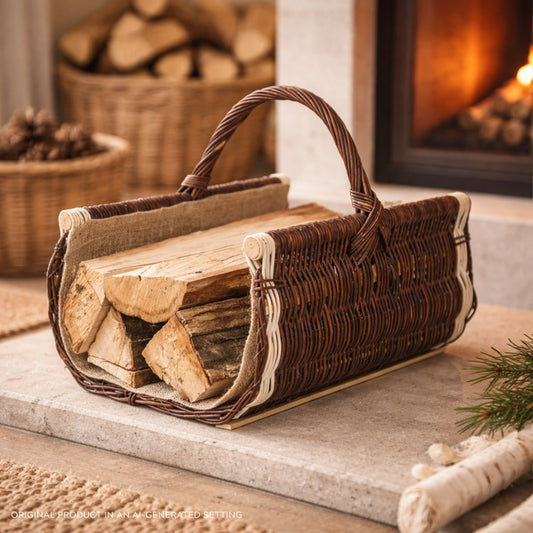 wiklinowy kosz na drewno kominkowe z jutowym obszyciem, z rączką