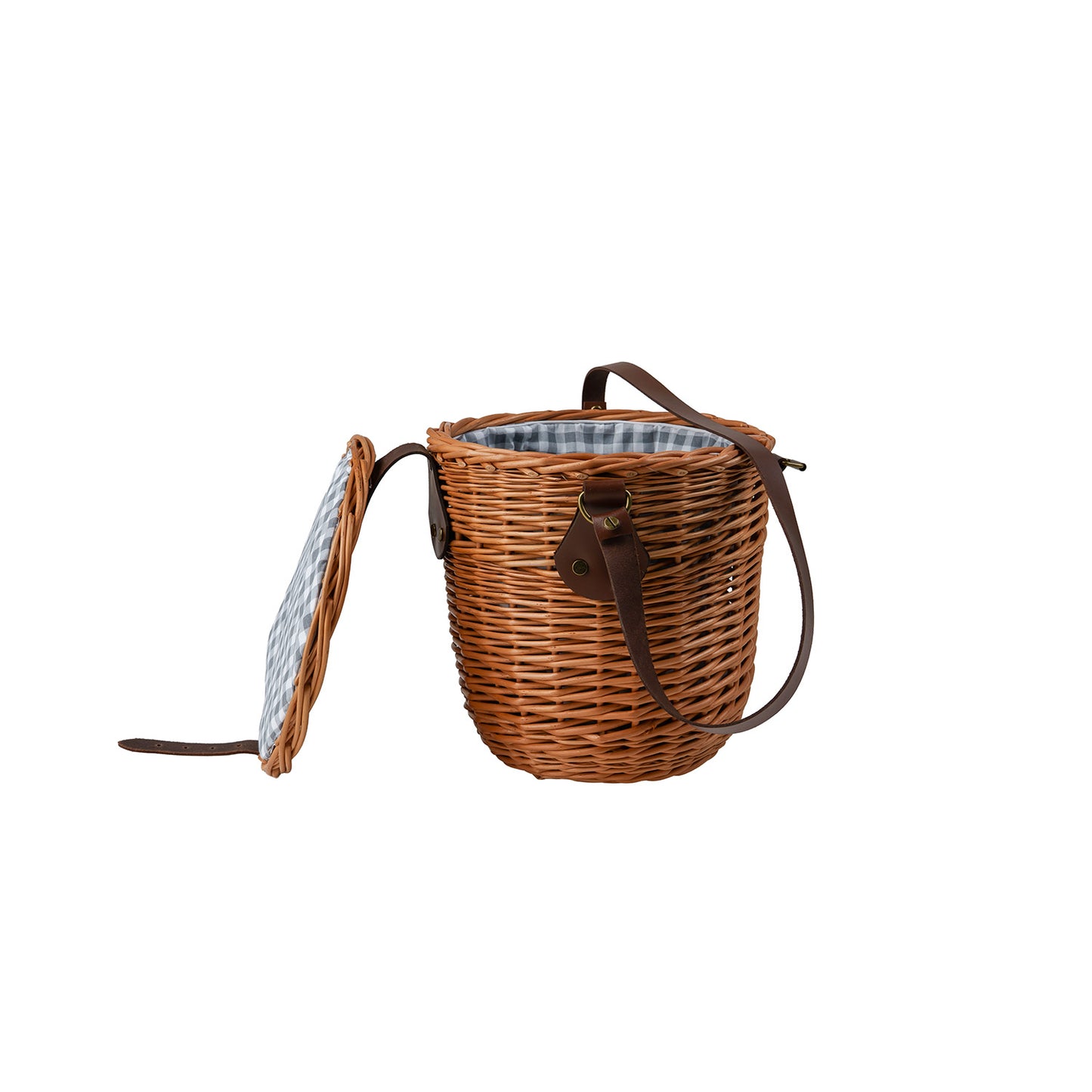 Rivora wiklinowy koszyk na ramię z materiałowym obszyciem, z pokrywą i skórzanym paskiem TheWickerStories
