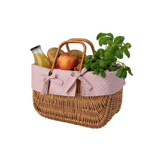 wicker bicycle handlebar basket with pink trim and handles