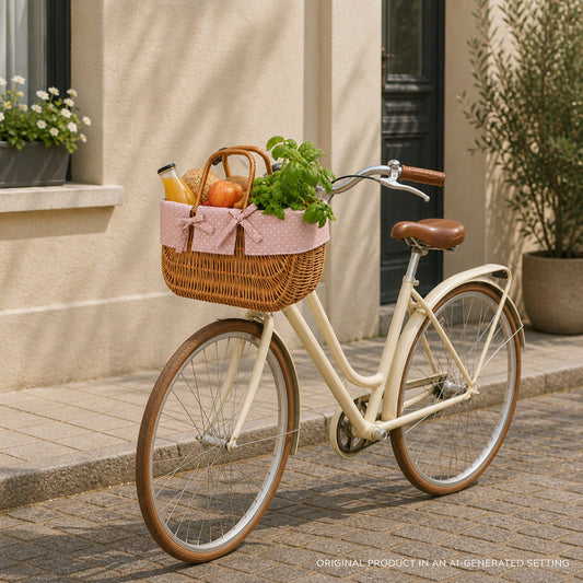 Rieten fietsmand voor aan het stuur met roze bies en handvatten