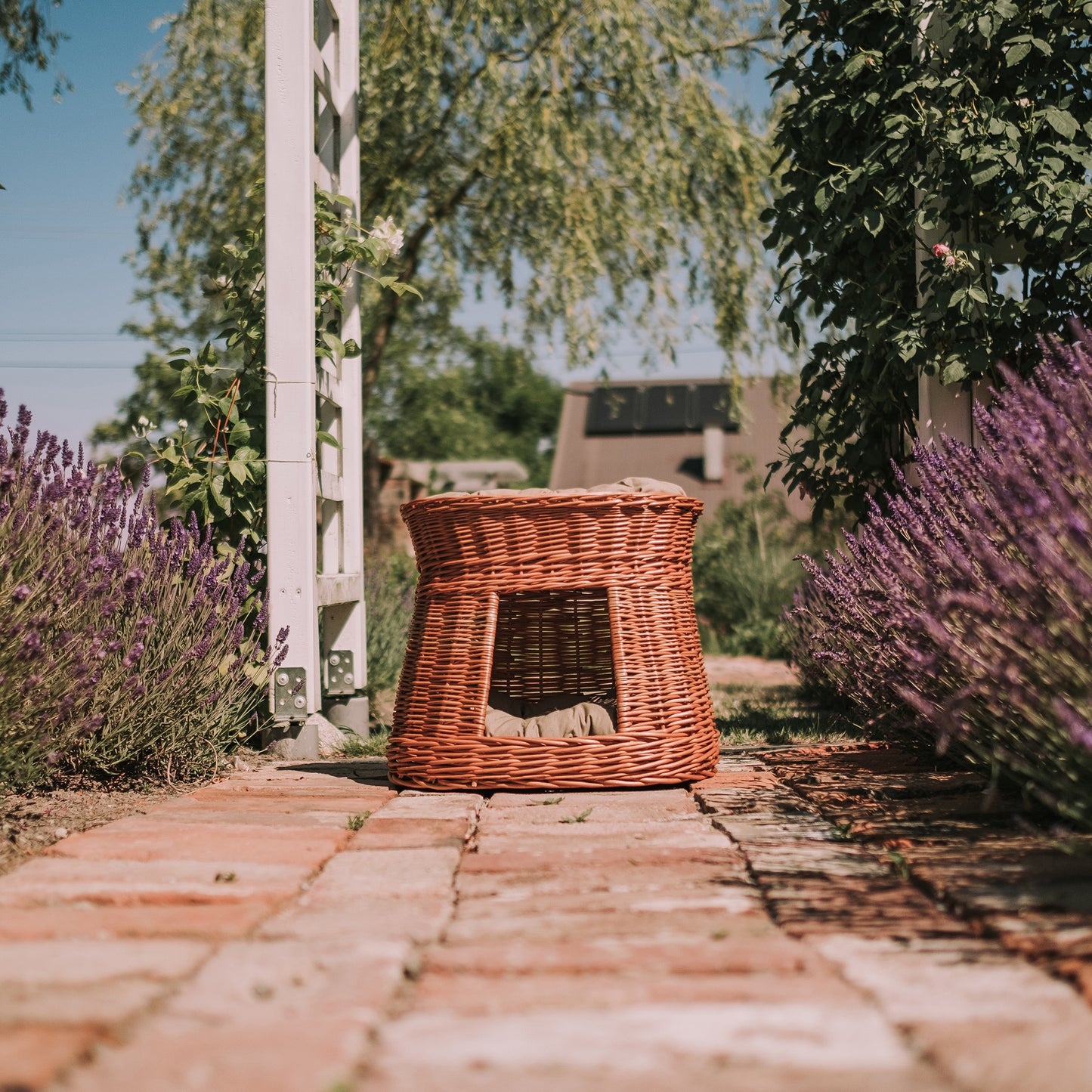 Erif rotan kattenhuis met twee verdiepingen en beige kussens