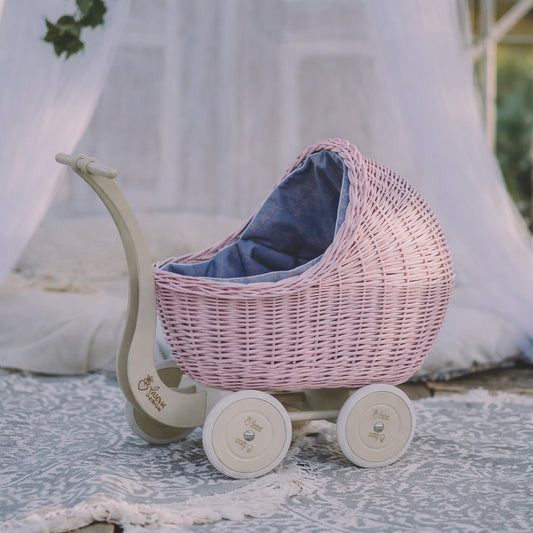 Lili wicker doll stroller with gray trim, handle, quilt and pillow TheWickerStories